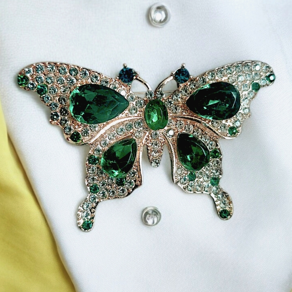 Elegant Green Rhinestone Butterfly Brooch